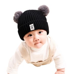 Baby-Mütze, einfarbig, gestrickt, für Jungen und Mädchen, einfarbig, Plüschbällchen, für den täglichen Gebrauch, Schwarz
