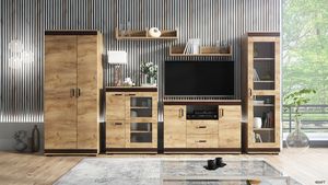 Wohnwand FENIX Anbauwand 6-teilig Schrankwand, Kleiderschrank, Fernsehschrank, Vitrine, zwei Wandregale, Kommode, Goldene Eiche
