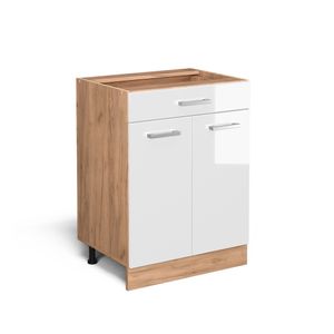 Livinity® Küchenunterschrank R-Line, 60 cm mit Schublade, ohne Arbeitsplatte, Weiß Hochglanz/Goldkraft Eiche