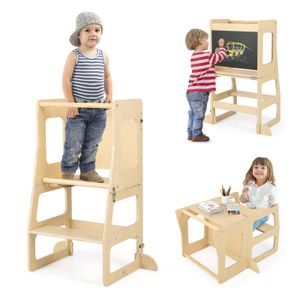 COSTWAY 3 in 1 Lernturm Kinder, klappbarer Tritthocker & Tafel & Kindertisch-Set, Stehturm Lernstuhl, Natur