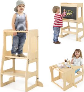 COSTWAY 3 in 1 Lernturm Kinder, klappbarer Tritthocker & Tafel & Kindertisch-Set, Stehturm Lernstuhl, Natur