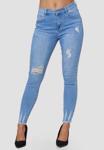 Damen Denim Skinny Stretch Jeans High Waist Destroyed Fransen Design Röhren Hose Bleached, Farben:Blau, Größe:40
