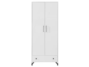 Furniture24 Kleiderschrank Bergen BE2 Schrank 2 Türiger Drehtürenschrank mit Kleiderstange und Schublade Hochganz Weiß