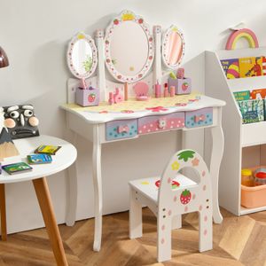 Dětský toaletní stolek COSTWAY, toaletní stolek pro princezny se skládacím zrcadlem, stoličkou na líčení a 3 zásuvkami, toaletní stolek pro děti a dívky (bílý)