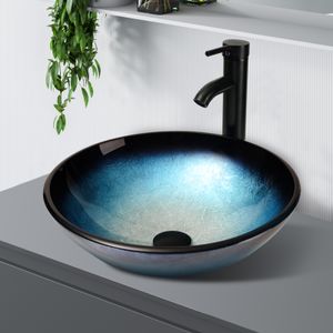 Puluomis Waschbecken Glas Aufsatzwaschbecken Waschschale Rund mit Wasserhahn Ablaufgarnitur Schwarz Blau