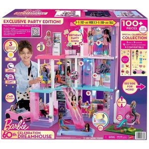 Mattel HCD51 - Barbie - 60th Celebration Dreamhouse - Traumvilla mit 2 Puppen & Fahrzeug, Licht & Sound