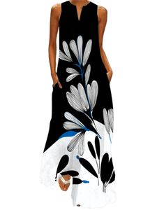 Damen Maxikleid Sommerkleid Ärmelloses Elegant Kleider V-Ausschnitt Lang Kleid mit Taschen Stil c,Größe:M