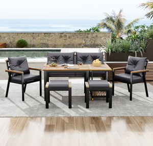 Flieks Gartenlounge-Set Gartenmöbelset 6 Personen, Balkonmöbel mit Servierwagen, Terassenmöbelset mit Kissen, Gartensofa Gartentisch, Schwarz