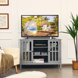 TV-Schrank TV-Board, Fernsehschrank Fernsehtisch 3 Ebenen, Lowboard für Fernseher bis zu 50 Zoll, TV Kommode Holz 2 Türen, TV Lowboard Sideboard 109x77x39,5 cm, grau
