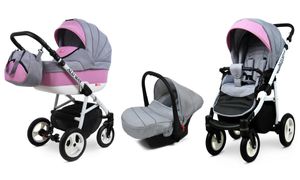 Kinderwagen Alu Way,3 in 1 -Set Wanne Buggy Babyschale Autositz mit Zubehör Pink