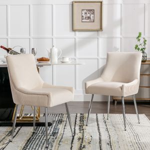 Fortuna Lai jídelní židle (2 ks), sada 2 čalouněných židlí Židle do obývacího pokoje s opěradlem Kovové nohy Samet, stříbrná/béžová barva