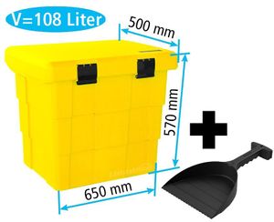 Daken Pitbox SB108-gelb + Schaufel, Streugutbox, Streugutkiste, Lagerbox, Streugutbehälter, Streusalzbehälter, Transportbox, Salz Box, ca. 108 Liter