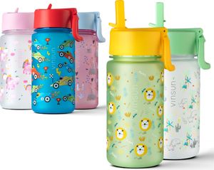 Trinkflasche Kinder 500ml - auslaufsicher Tritan Strohhalm Löwe Grün Vinsun