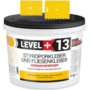 Súprava Lepidlo na polystyrén pripravené na použitie 15 kg Biele dekoračné lepidlo na obkladačky LEVEL+13 a plastový tmel 2 ks.