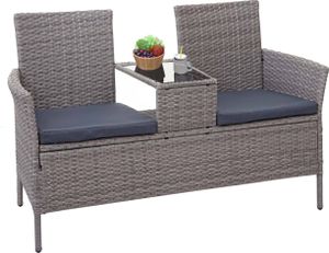 Ławka ogrodowa z polirattanu ze stołem HWC-E24, sofa ogrodowa, 132 cm ~ szary, ciemnoszare poduszki Ławka ogrodowa z polirattanu ze stołem HWC-E24, sofa ogrodowa, 132 cm ~ szary, ciemnoszare poduszki