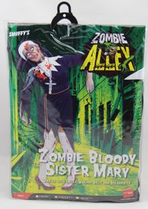 Krvavý kostým zombie sestry Mary, čierny, so šatami, latexovou ranou, opaskom a čelenkou, veľkosť:S