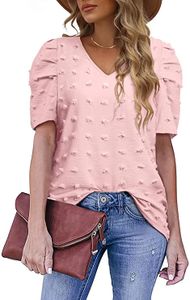 ASKSA Damen Puffärmel Bluse T-Shirt V-Ausschnitt Chiffon Elegant Swiss Dot Kurzarm Oberteile , Rosa, L