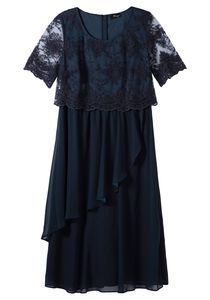 sheego Damen Große Größen Abendkleid mit besticktem Mesh-Oberteil Abendkleid Abendmode elegant Rundhals-Ausschnitt Mesh unifarben