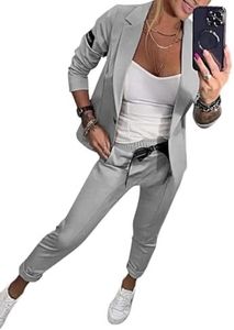 ASKSA Damen Lange aermel Zweiteiler Elegant Business Anzug Set Revers Buero Langarm Anzugjacke Blazer Hose 2-teilig Outfit Streetwear Freizeitanzug,Hellgrau,M