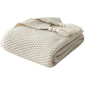 Kuscheldecken Decke mit Quasten Beige 110x150 cm - Boho Strickdecke Strick Grobstrick Plaid Muster für Sofa / Bett und als Zudecke Stricken sofaüberwurf