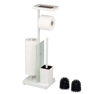 eluno Stand-WC-Garnitur 4in1, freistehende Toilettengarnitur inklusive WC-Bürste, 2 Ersatzbürstenköpfe, (Ersatz-) Rollenhalter für 3 Rollen, Ablage, satiniertes Glas und Metall, in weiß