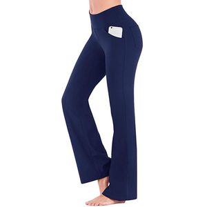 Damen Yogahosen Fitness Lang Hose Hohe Taille Sporthose mit Taschen Lange Schlaghose Tiefes Blau,Größe:EU M