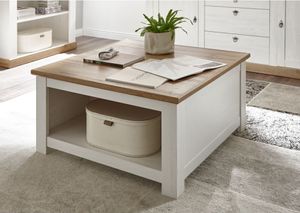Landhaus Couchtisch mit Klappe & Stauraum LINARES-61 in Pinie weiß / Wotan Eiche Nb. - B/H/T ca.: 95/50/95 cm