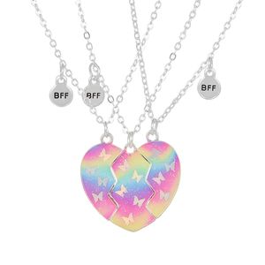 Bixorp BFF Halskette für 3 mit Regenbogen Schmetterlinge Herz - Farbe Silber - Freundschaft Halskette für drei