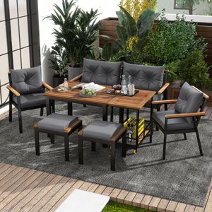 Merax Gartenlounge-Set aus Akazienholz und verzinktem Eisen, Essgruppe mit Sesseln, Hocker, Tisch & Servierwagen