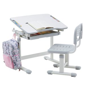 Kinderschreibtisch mit Stuhl TUTTO in weiß/grau höhenverstellbar und neigbar mit Schublade und Stifterinne, Schreibtisch höhenverstellbar für Kinder, Tisch mit neigbarer Arbeitsfläche mit Rucksackhalt