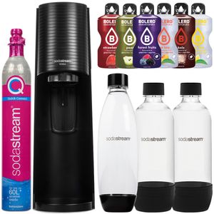 SodaStream Terra Black Wassersprudle eine 1L schwarze Flasche + Zwie 1L schwarze Flaschen + Zusatzstoffe