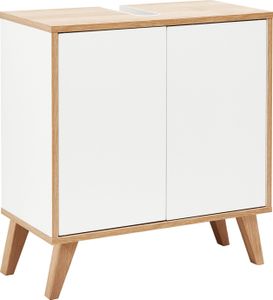 FACKELMANN FINN Badmöbel Set 2 Teile / Waschbeckenunterschrank mit Push-to-Open / 4 Holzfüße / Badschrank mit 2 Türen / Korpus & Front: Weiß / Rahmendekor & Füße: Braun hell / Breite: 60 cm