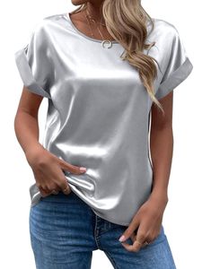 Damen T-Shirt Rundhalsausschnitt Sommer Tops Kurzarm Tee Strand Einfarbiger Pullover Silber,Größe M
