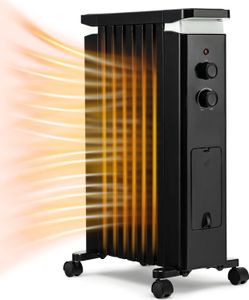 Grzejnik olejowy COSTWAY 3 ustawienia temperatury 5-35℃ dla 20㎡, 7 żeberkowy grzejnik 1500W, mobilny grzejnik elektryczny z termostatem, zabezpieczeniem przed przegrzaniem i kółkami, czarny
