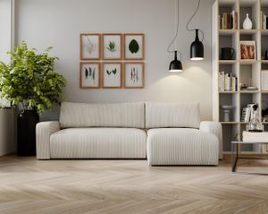 Kaiser Möbel Ecksofa mit schlaffunktion und bettkasten, Couch L form, Schlaffunktion ARAGON Dicker Cord Beige Ottomane Rechts