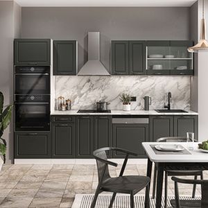 Livinity® Küchenzeile R-Line, 300 cm mit Hochschrank, ohne Arbeitsplatte, Anthrazit Landhaus/Weiß