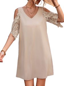 Damen Tunika Tunika Sommerkleid Sommer T-Shirt T-Shirt Kleid Casual A-Linie Kurz Mini Kleider Farbe:Beige Größe:Xl