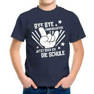 Kinder T-Shirt Jungen Bye Bye Kindergarten Abschied Geschenk zur Einschulung Schulanfang Moonworks® navy 122-128 (7-8 Jahre)