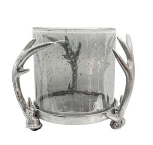 Windlicht Kerzenlicht Hirschgeweih Aluminium Geweih inkl. Glaseinsatz grau - klein - 27 cm