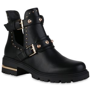 VAN HILL Damen Stiefeletten Ankle Boots Blockabsatz Schnallen Nieten Schuhe 838187, Farbe: Schwarz, Größe: 39
