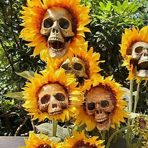 3kopf Sonnenblume mit Totenkopf Ornamente Skelett Außendeko Rasen Deko 65cm Halloween Gartendekoration