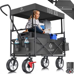 KESSER® Bollerwagen faltbar mit Dach Handwagen Transportkarre Gerätewagen | inkl. 2 Netztaschen und Einer Außentasche | klappbar | Vollgummi-Reifen | bis 100 kg Tragkraft | Mit Vorderrad-Bremse