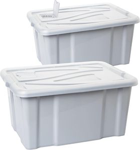 2 Stück Aufbewahrungsboxen, 60 Liter Boxen Aufbewahrung, Plastikbox mit Deckel, Transparent Kisten Aufbewahrung mit Deckel, Griffen und Lüftungsklappe, Farbe Grau