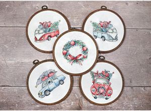Letistitch Kreuzstich Set "Weihnachten Retro Autos / Set von 5 Stk"; Zählmuster, ca.10x10cm