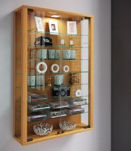 Vitrosa Mini Vitrinenschrank wandhängend mit 2 Glastüren und Licht Buche Nachbildung.