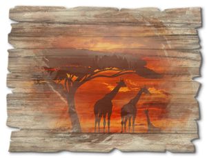 ARTland Holzbild Vintage Herde von Giraffen im Sonnenuntergang Größe: 40x30 cm