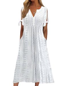 Damen Sommerkleider Kurzarm Maxikleider Lässiger Maxikleider Langes Kleid Strandkleid Weiß,Größe S