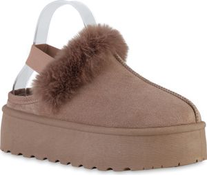 VAN HILL Damen Warm Gefüttert Pantoffeln Hausschuhe Bequem Kunstfell Schuhe 841353, Farbe: Khaki, Größe: 37