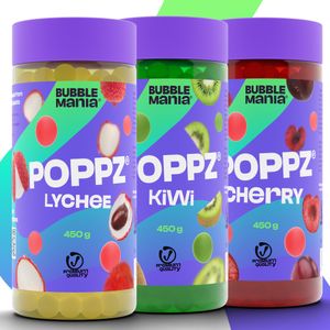 POPPZ BubbleMania Popping boba Fruchtperlen für Bubble Tea Mix | Kiwi, Kirsche, Litschi – 3 X 450 G