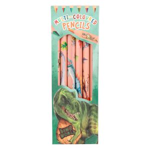 Depesche 12100 Dino World-Multicolor Buntstifte Set in Holz-Optik und Dinomotiven, 6 Dicke Stifte in Dreikantform und zweifarbigen Minen, Mehrfarbig